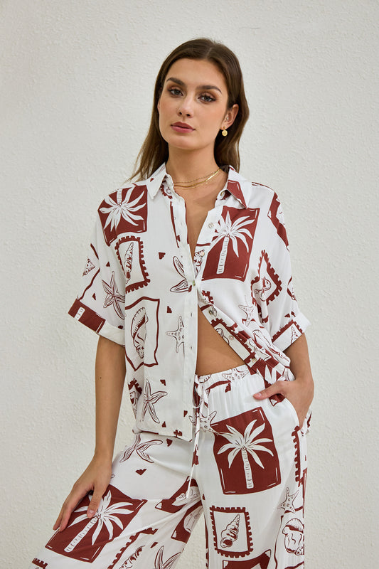 Mira Brown Sea Shells Tropical Shirt