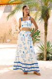 Soleia White Blue Tropical Ric Rac Maxi Skirt