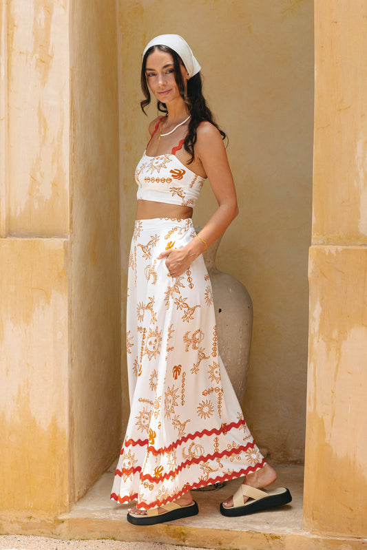 Solara White Orange Tropical Ric Rac Maxi Skirt