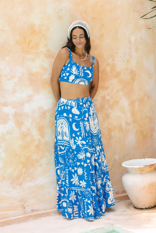 Soquila Blue Tropical Tiered Maxi Skirt
