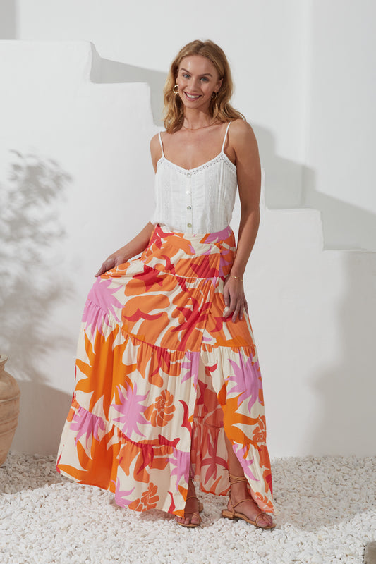 Calinda Orange Abstract Tiered Maxi Skirt