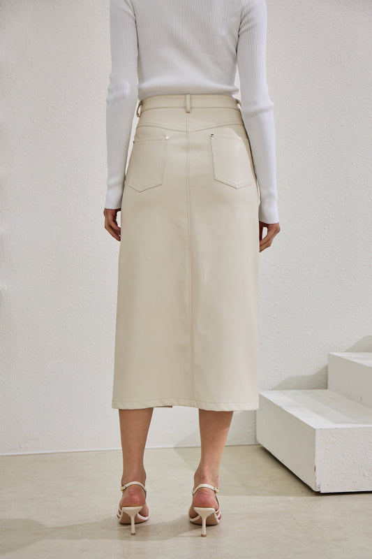 Evan Beige Faux Leather PU Midi Skirt
