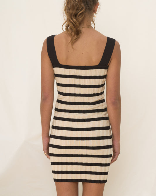Cassi Black Beige Stripe Bodycon Knit Mini Dress