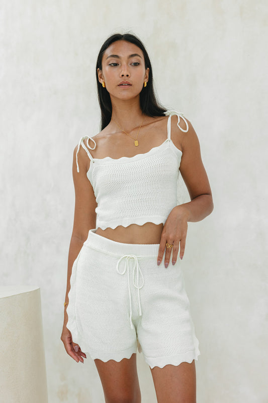 Jessi Off-White Scallop Cropped Knit Top