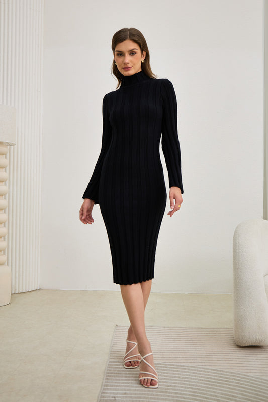 Lexi Black Flute Sleeve Knit Midi Dress