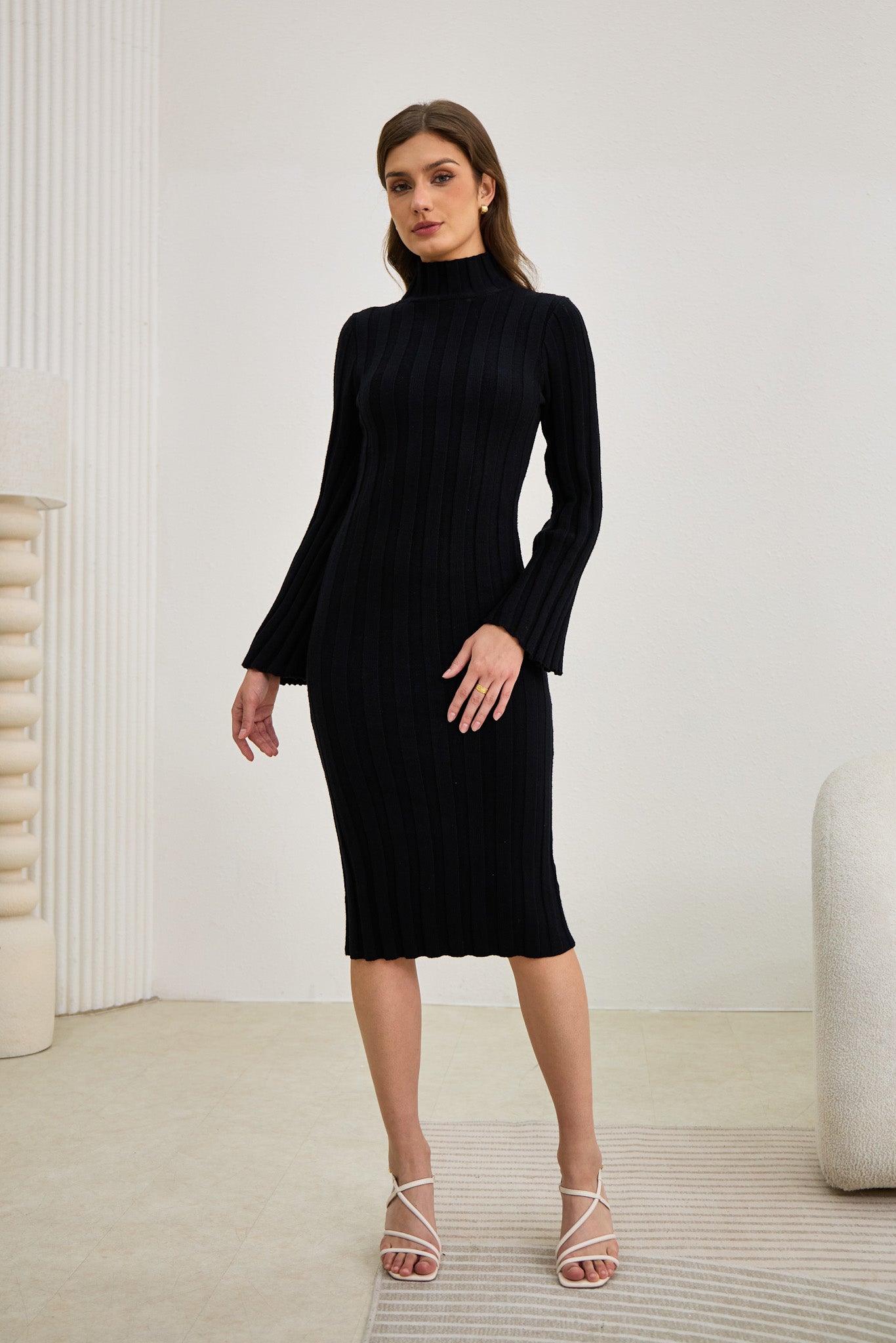 fluted sleeve knitted bodycon midi dress Lexi Black Flute Sleeve Knit Midi Dress