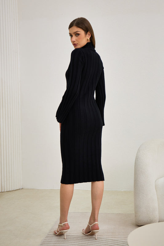 Lexi Black Flute Sleeve Knit Midi Dress