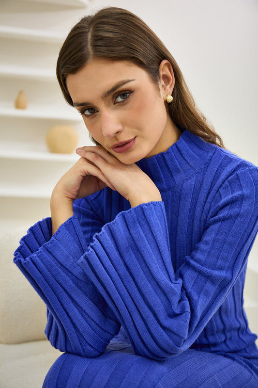 Lexi Blue Flute Sleeve Knit Midi Dress