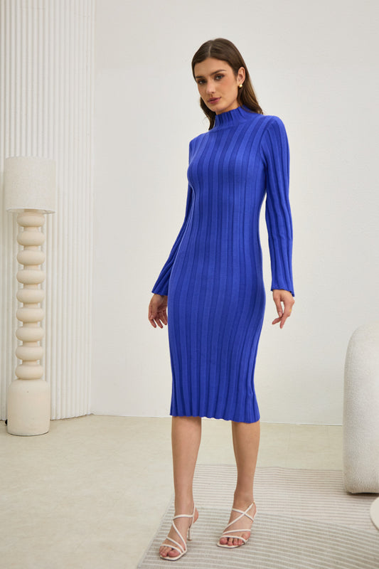 Lexi Blue Flute Sleeve Knit Midi Dress