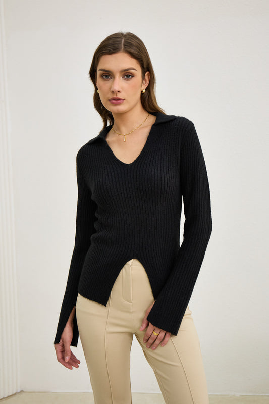 Audrey Black Split Long Sleeve Knit Top