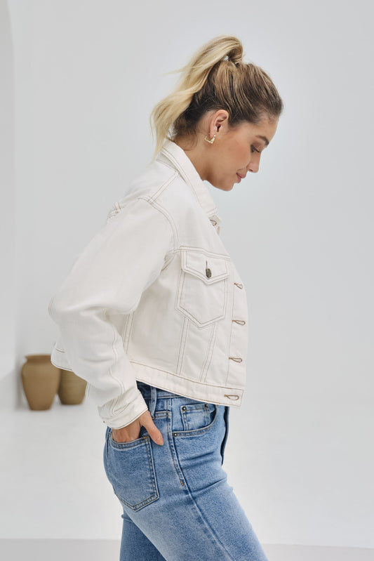 Avery Off-White Cropped Denim Jacket