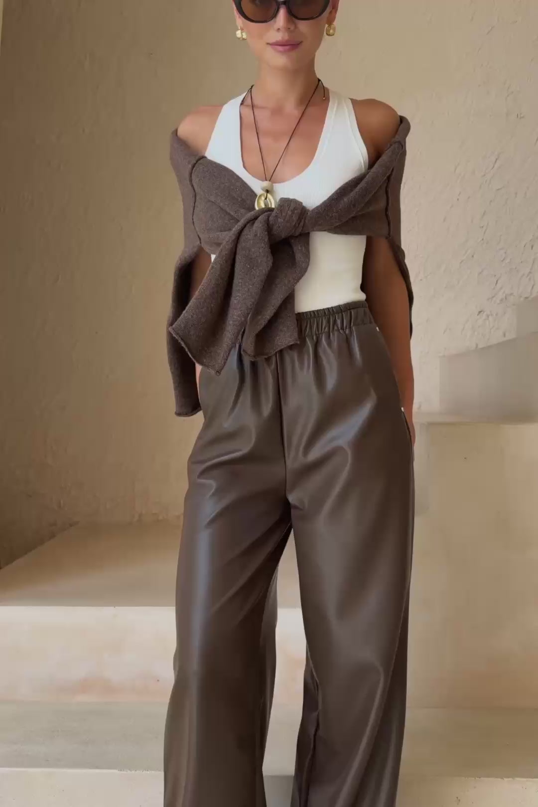 Zora Brown PU Pants | Faux Leather Wide Leg Pants