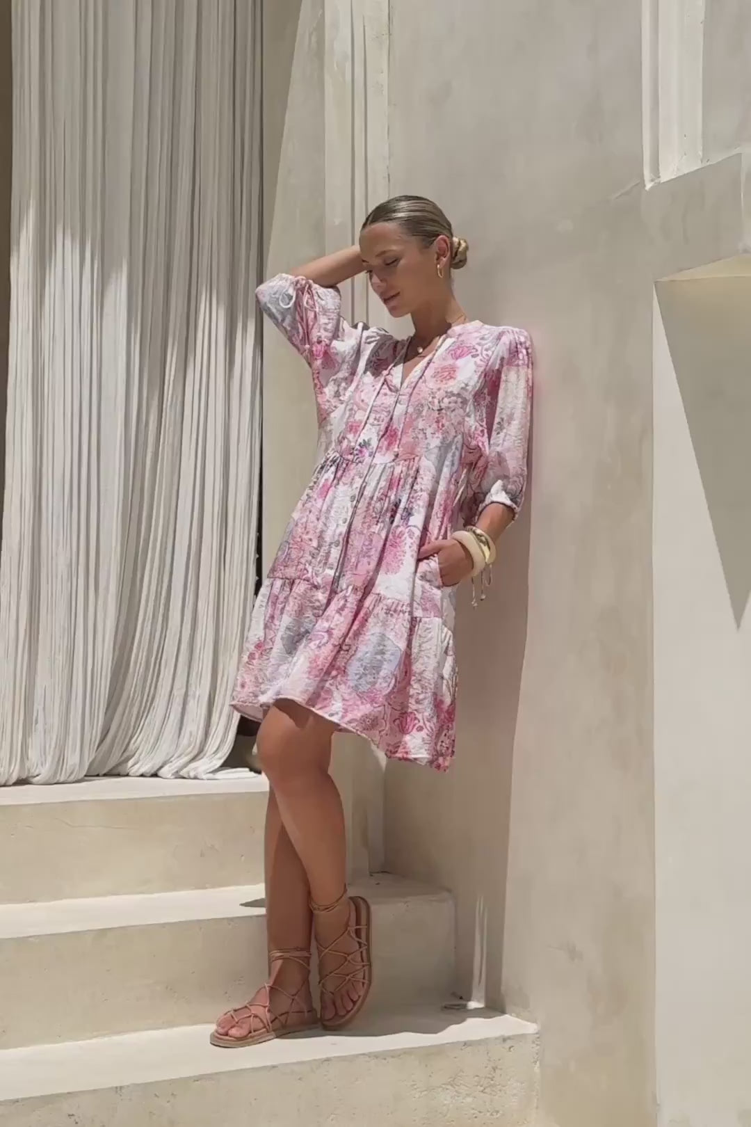 Gezelle Pink Floral Button Down Mini Dress