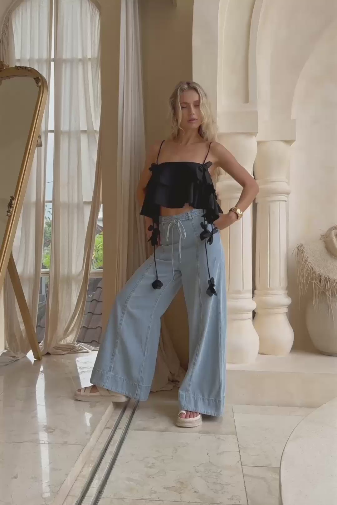 Valeria Black Floral Appliqué Top