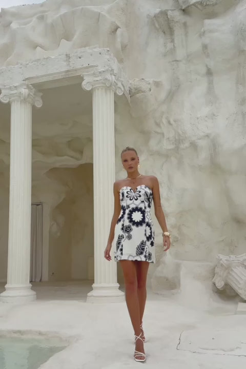 Morgana Beige Navy Floral Sweetheart Strapless Mini Dress