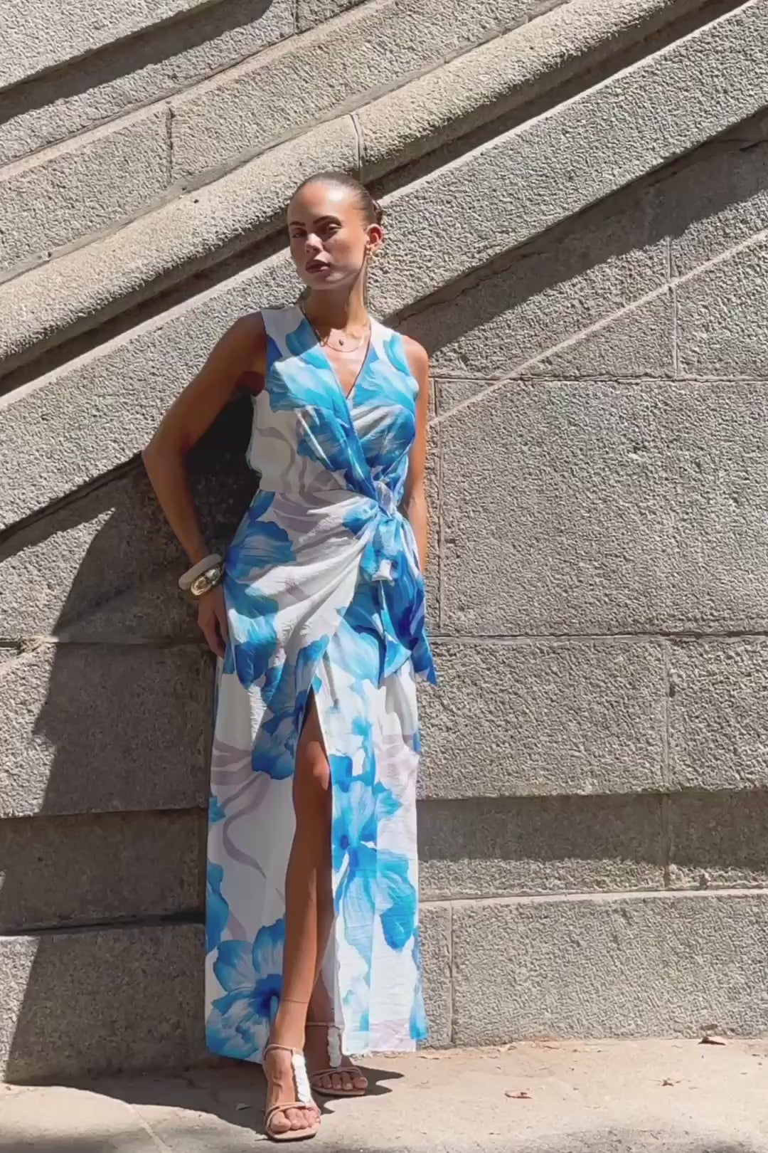Aiselle Blue Floral Sleeveless Wrap Maxi Dress