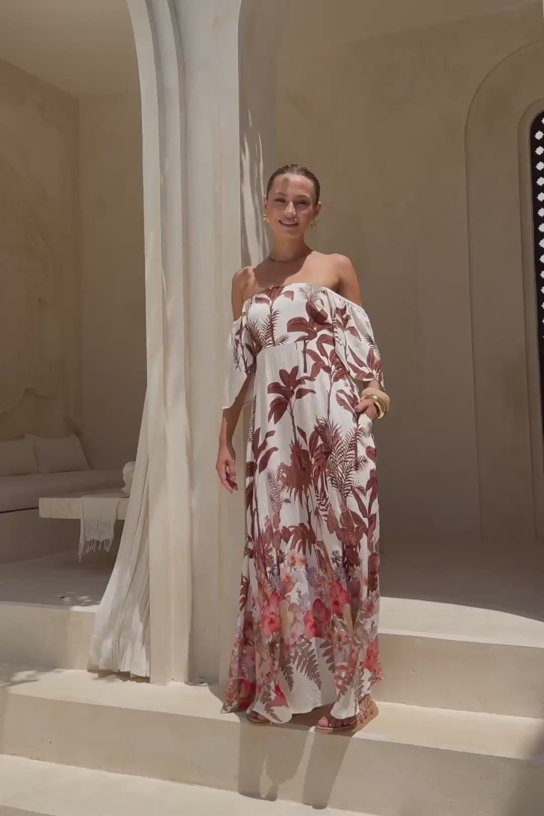 Kailah Brown Tropical Flared Sleeve Maxi Dress