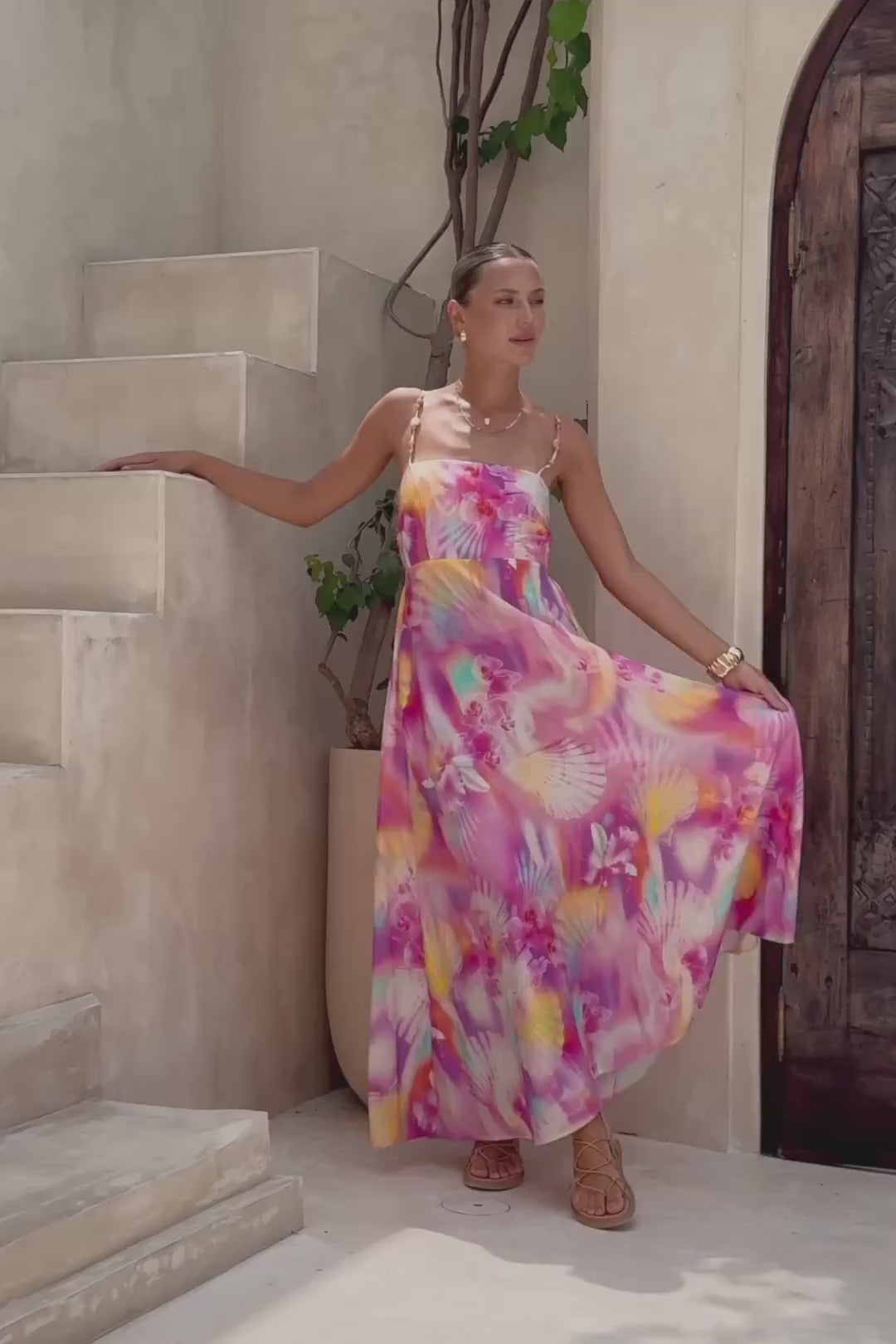 Cirella Multicolour Abstract Beaded Flared Maxi Dress