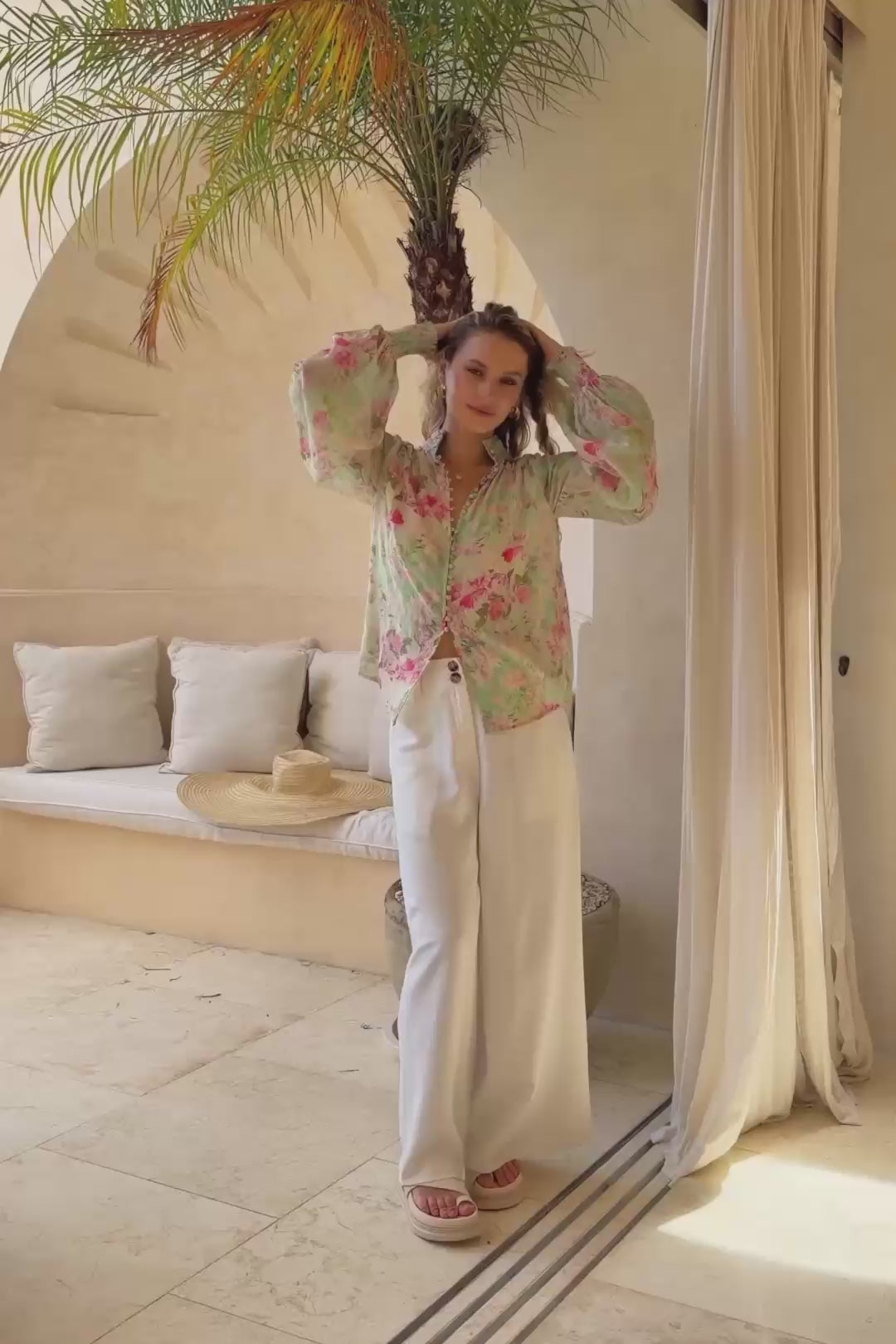 Sheila Green Pink Floral Balloon Sleeve Blouse