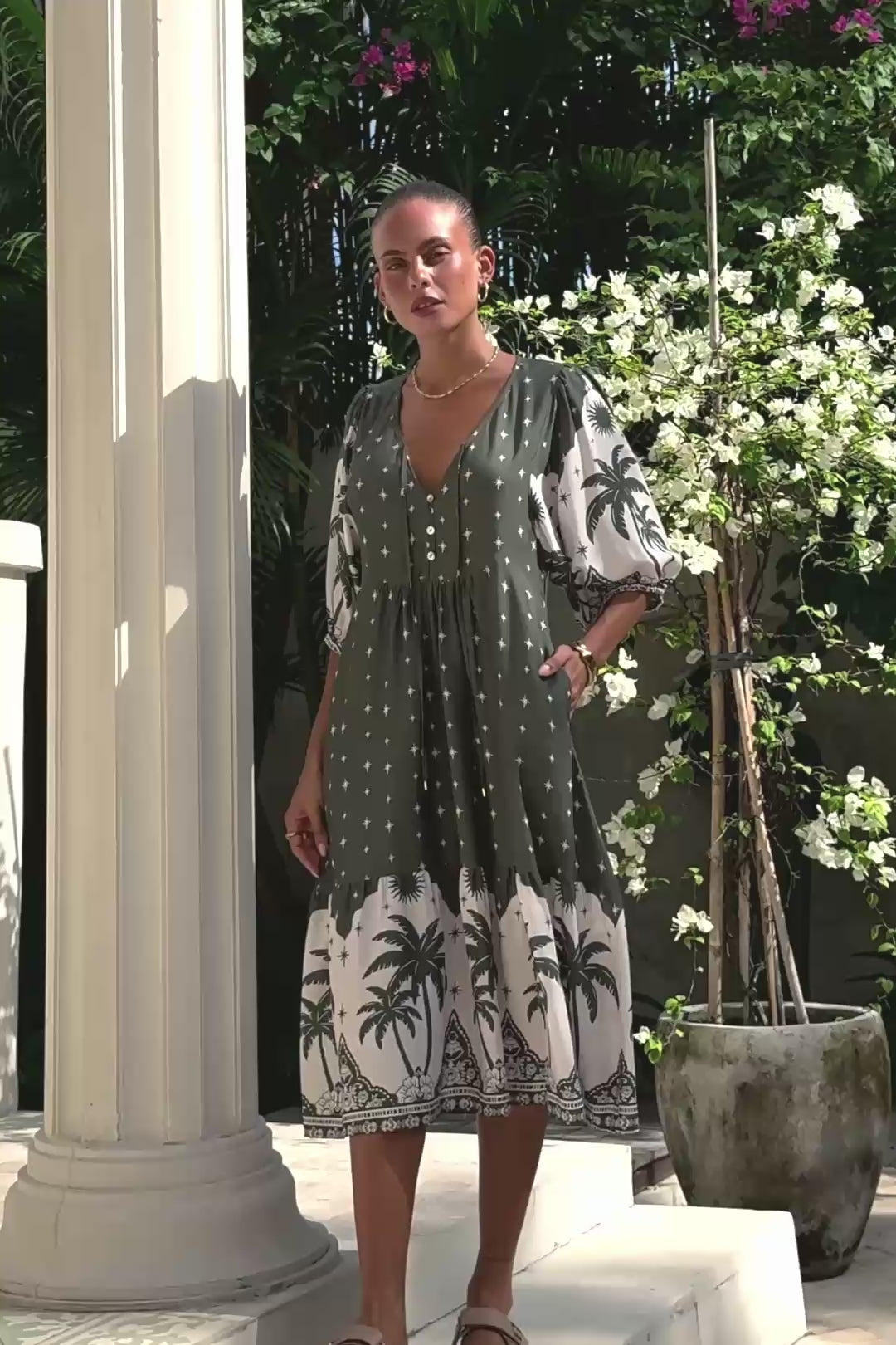 Arletta Green Tropical Volume Sleeve Midi Dress