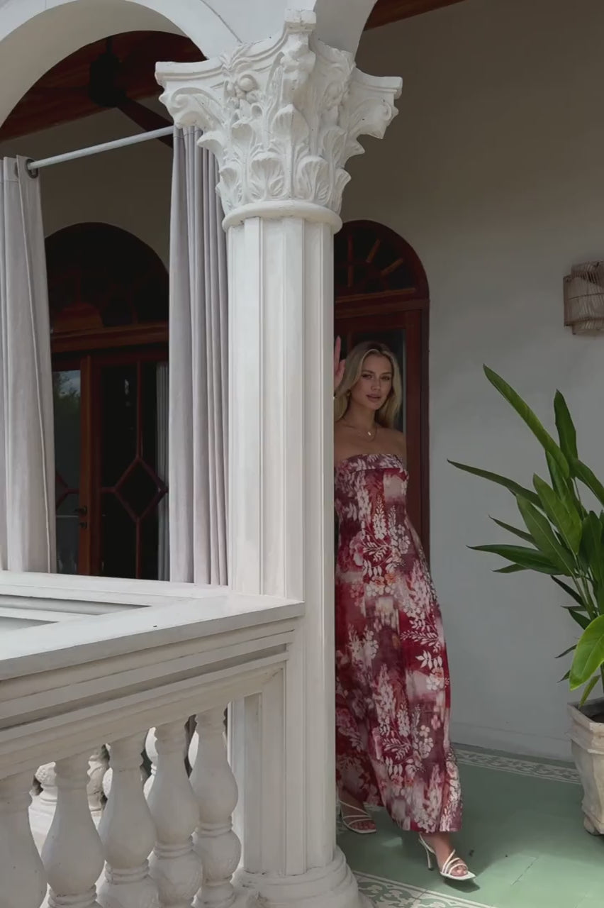Tarielle Red Brown Floral Strapless Maxi Dress
