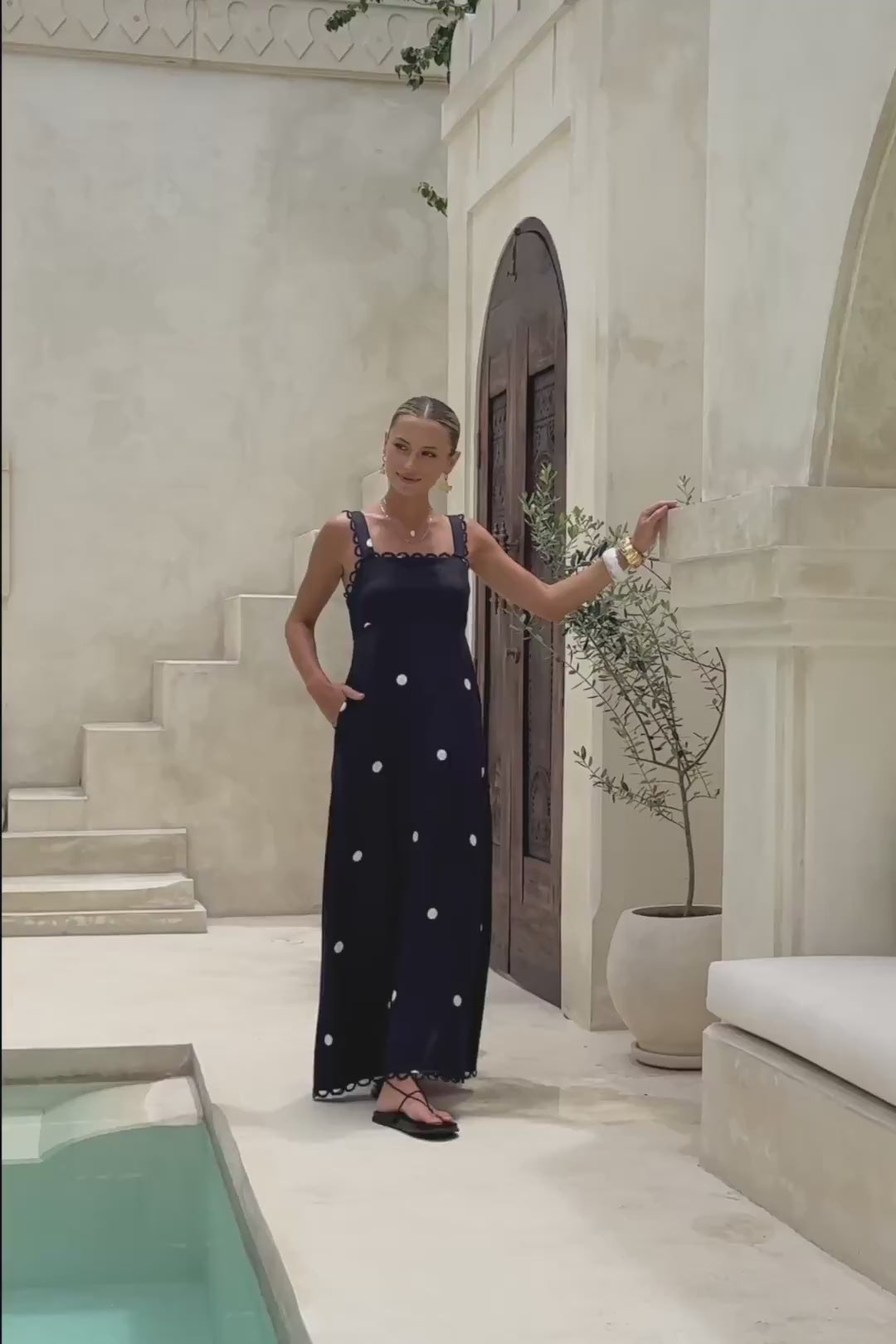 Lina Navy Blue White Polka Dot Maxi Dress