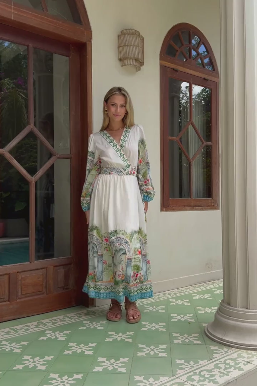 Ciela Green Tropical Long Sleeve Wrap Maxi Dress