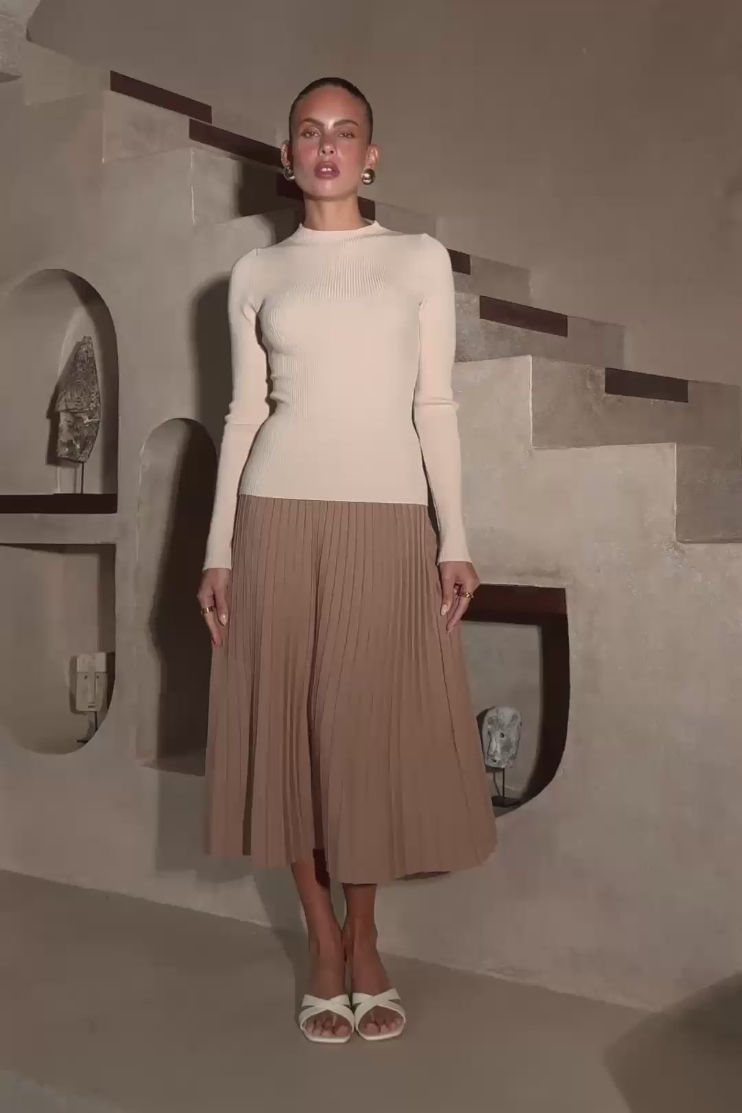 Hana Brown Pleated Knit Midi Skirt