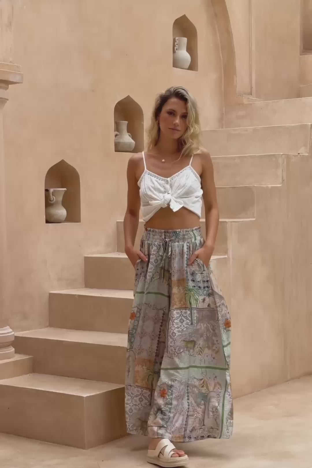 Nyahra Green Tropical Wide Leg Cropped Pants