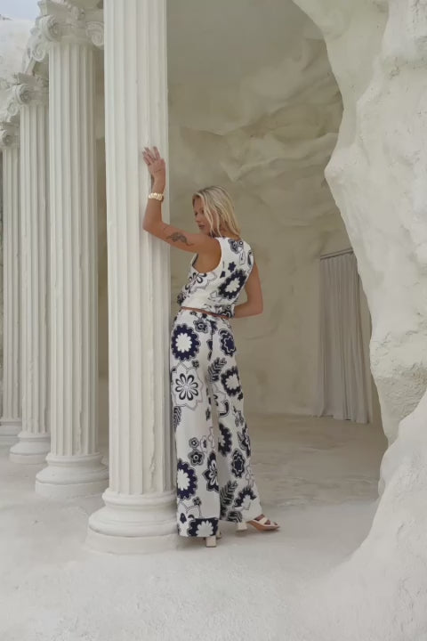 Morgana Beige Navy Floral Pants