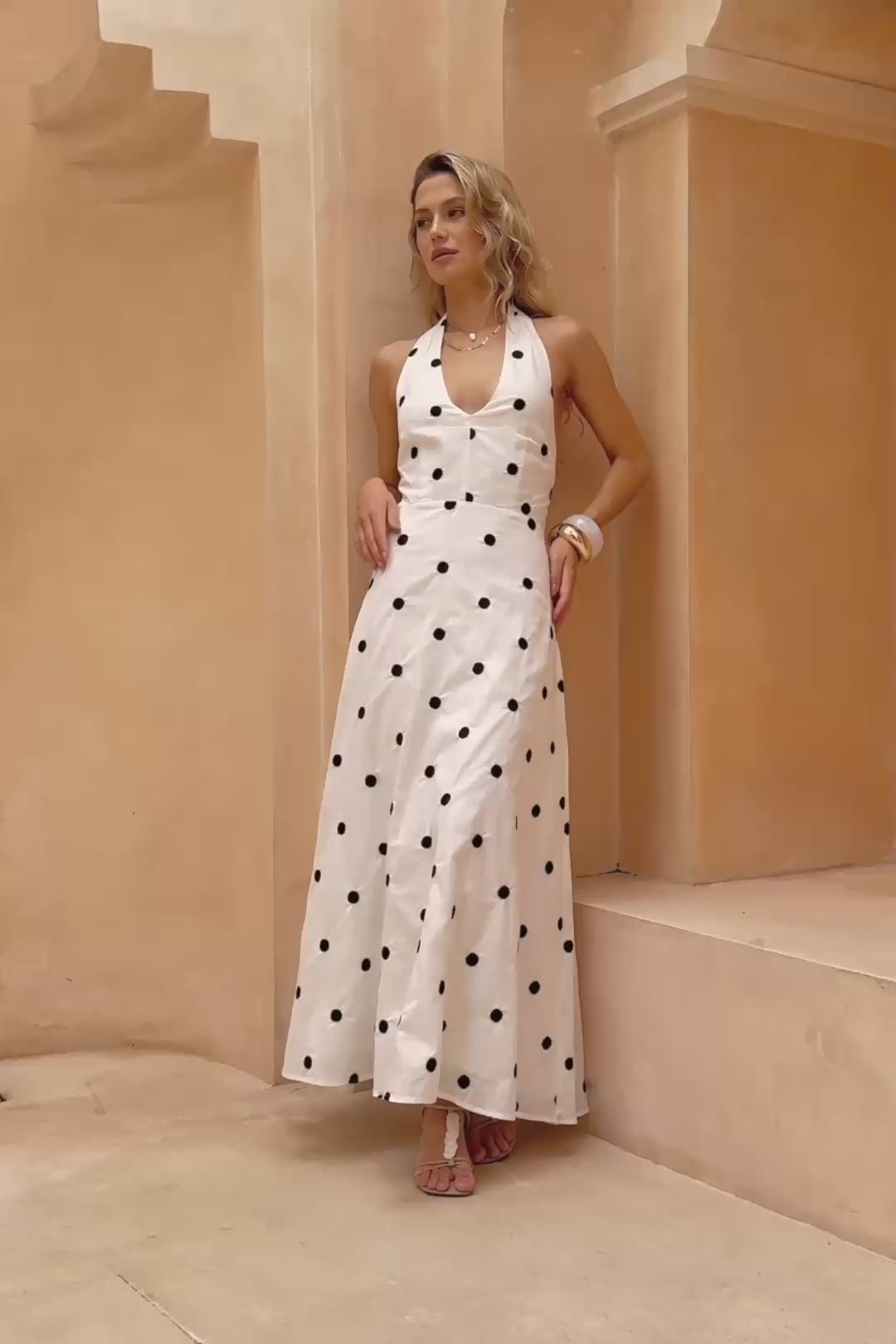 Lydie White Black Polka Dot Halter Neck Maxi Dress
