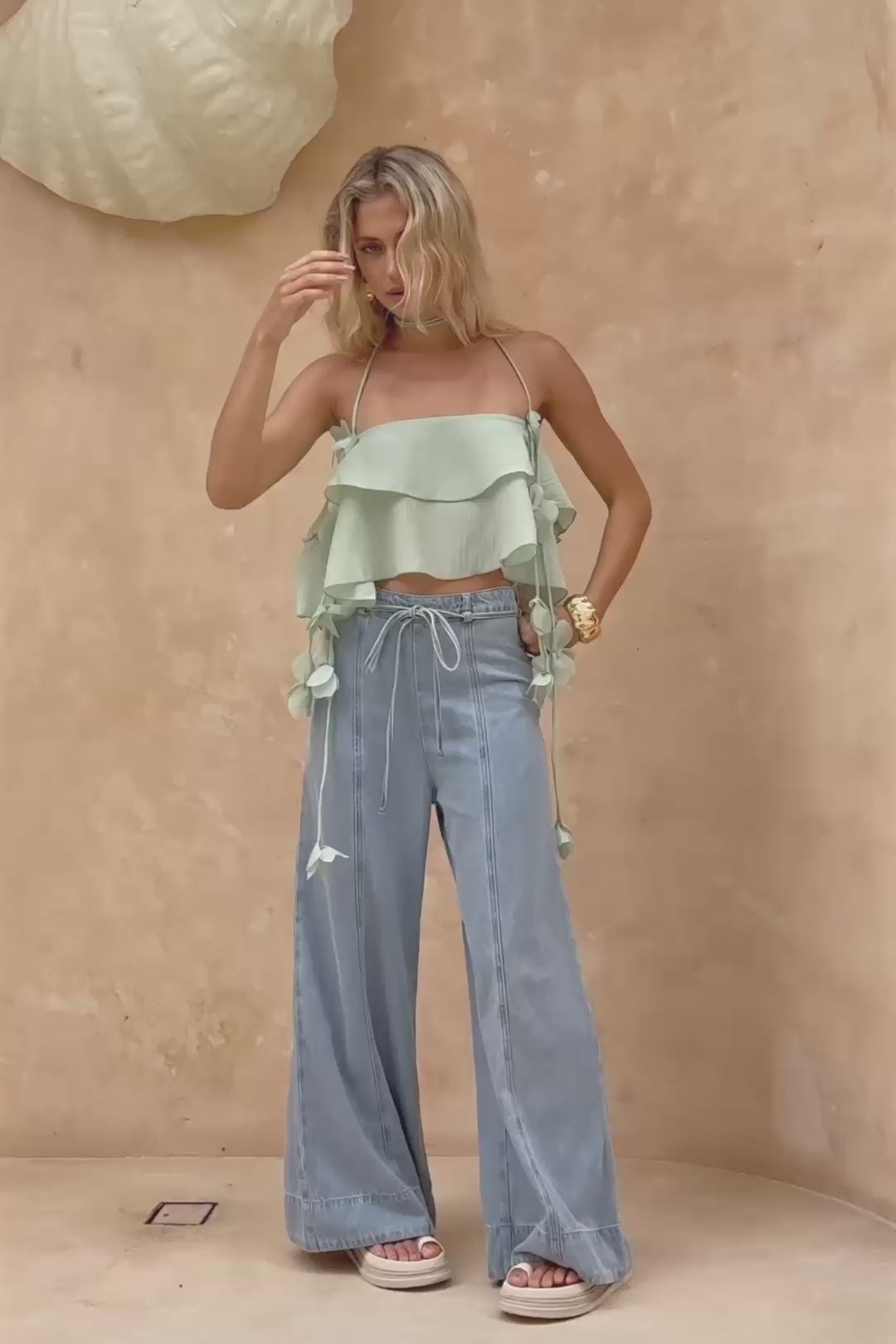 Valeria Green Floral Appliqué Top