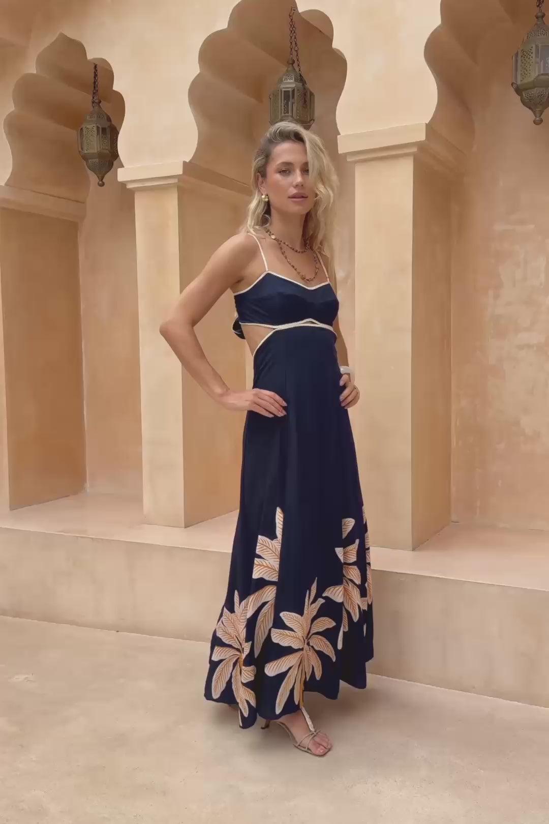 Leilani Navy Gold Tropical Tie Back Maxi Dress
