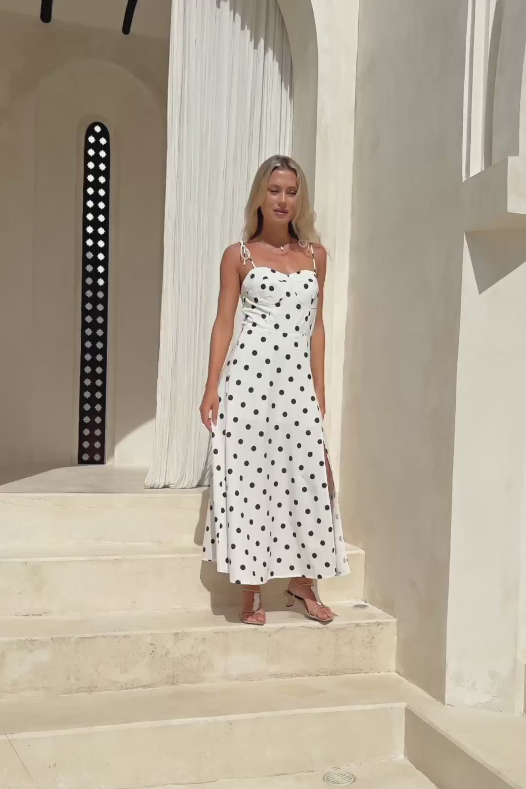 Noella White Black Polka Dot Midi Dress