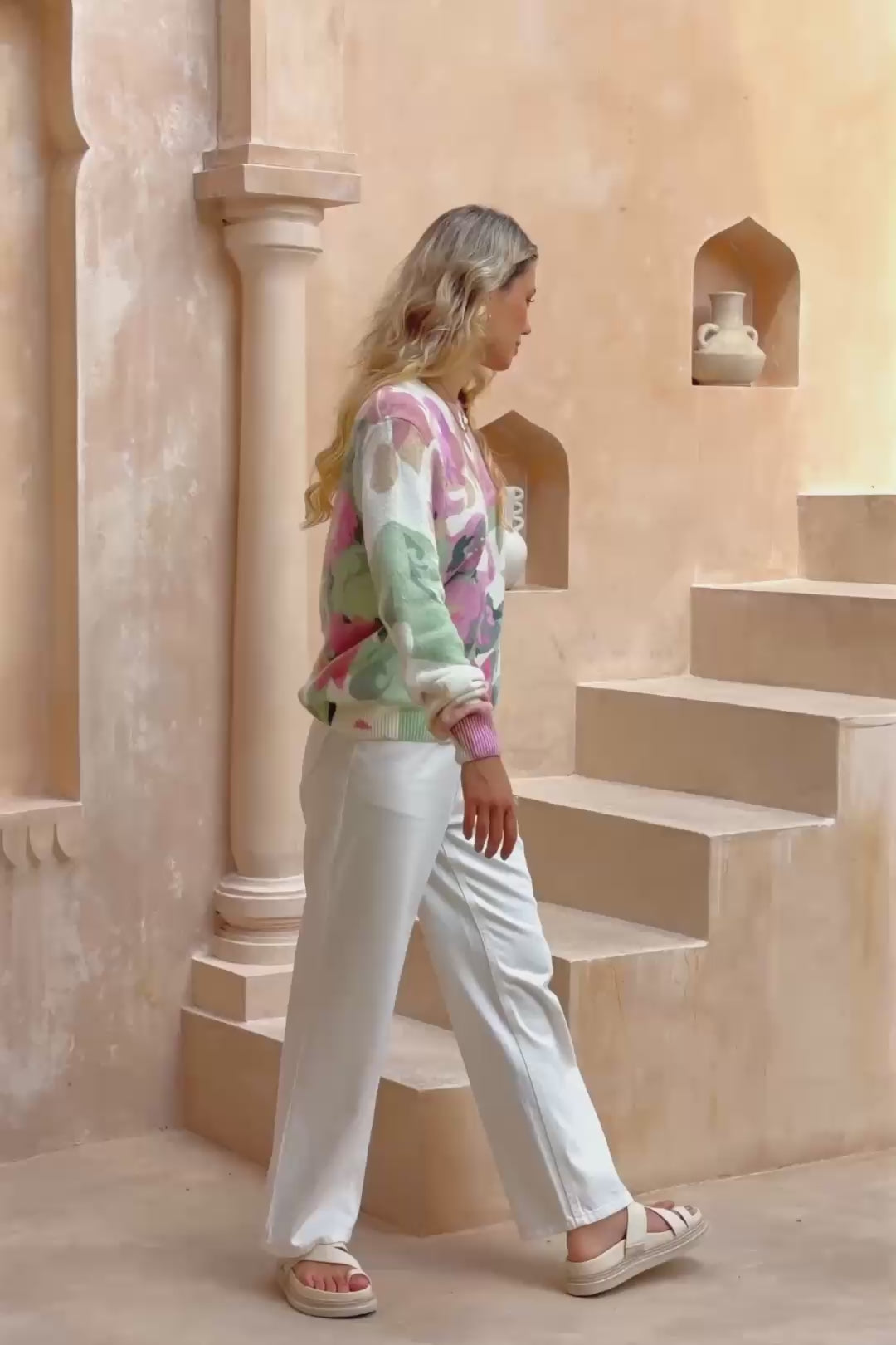 Margaret Pink Green Floral Knit Sweater
