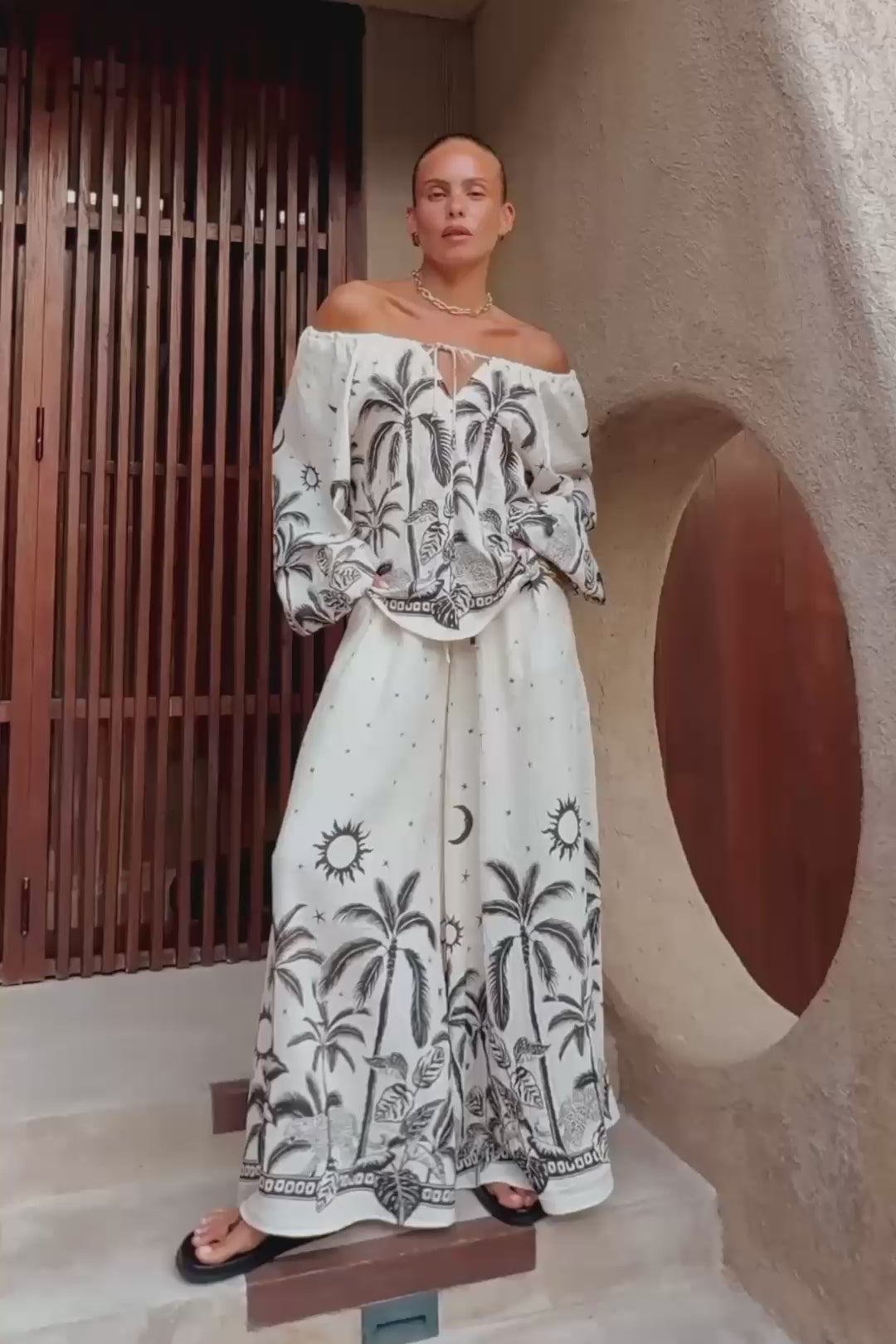 Savani Beige Black Tropical Wide Leg Pants