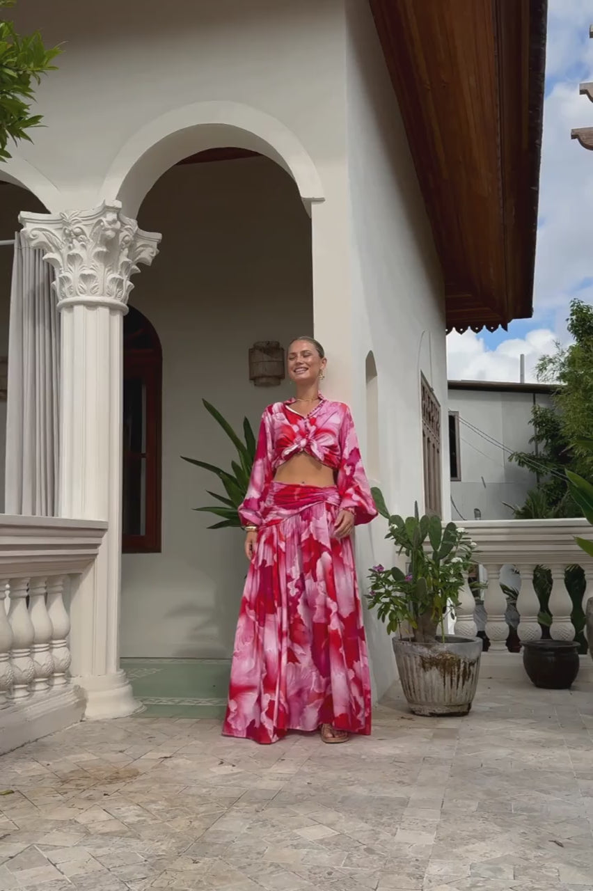 Chrisella Pink Floral Pleated Detail Maxi Skirt