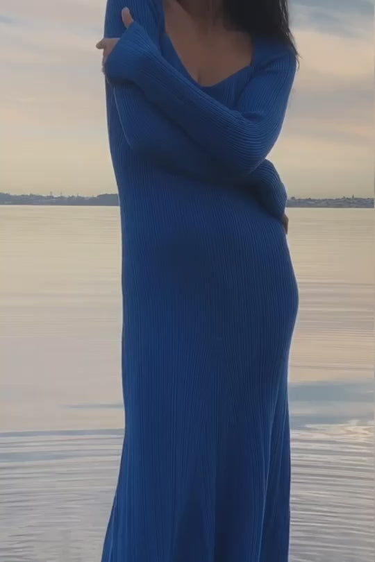 Victoria Blue Long Sleeve Knit Maxi Dress