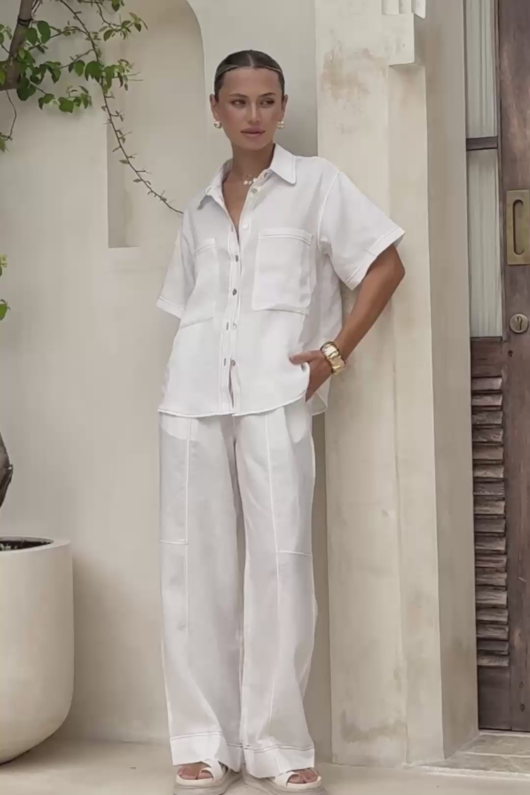 Joleen Off-White Contrast Stitch Pants