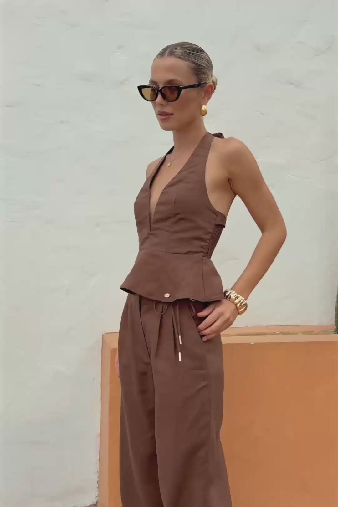 Adela Brown Plunge Halter Neck Top