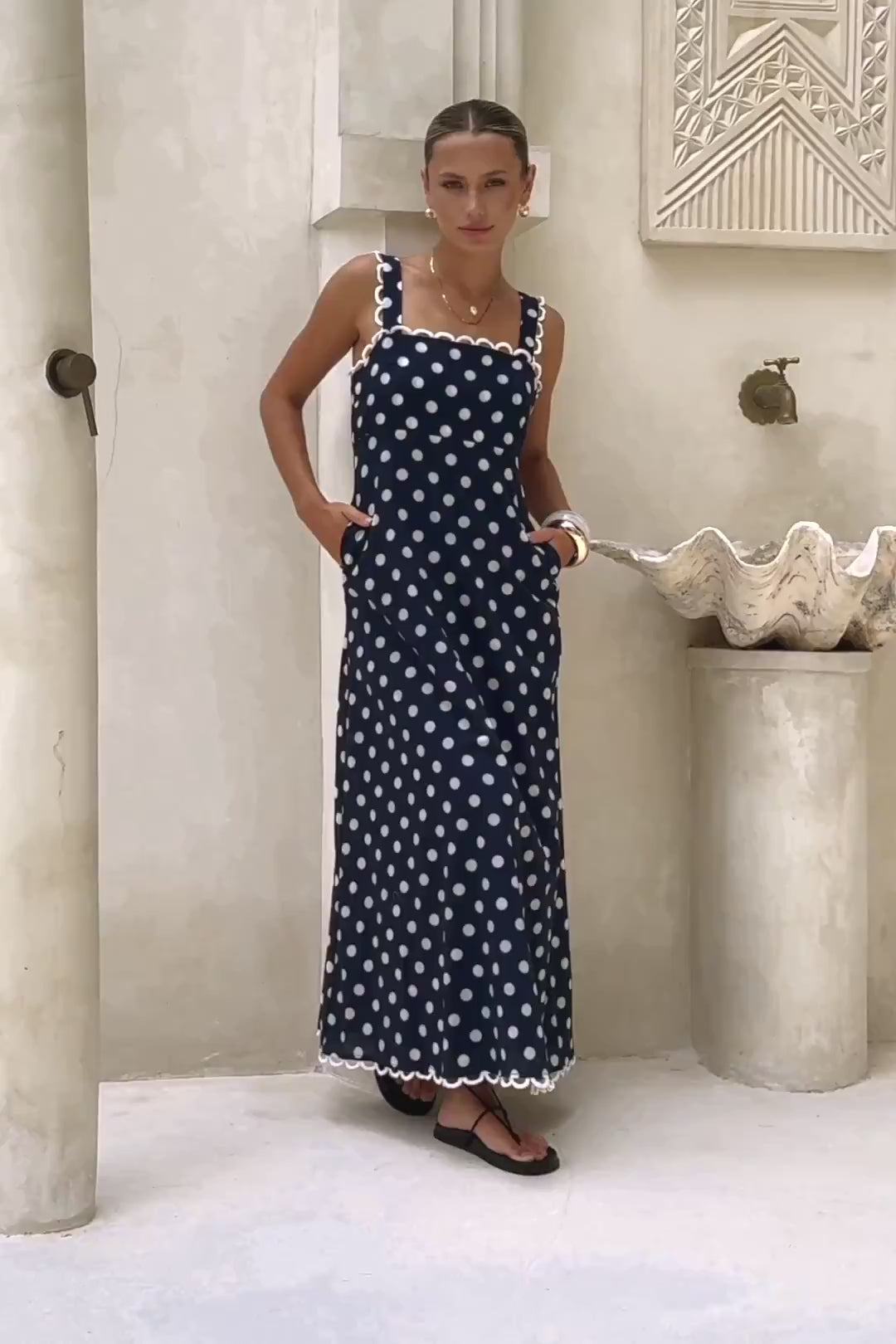 Cindy Navy Blue White Polka Dot Maxi Dress