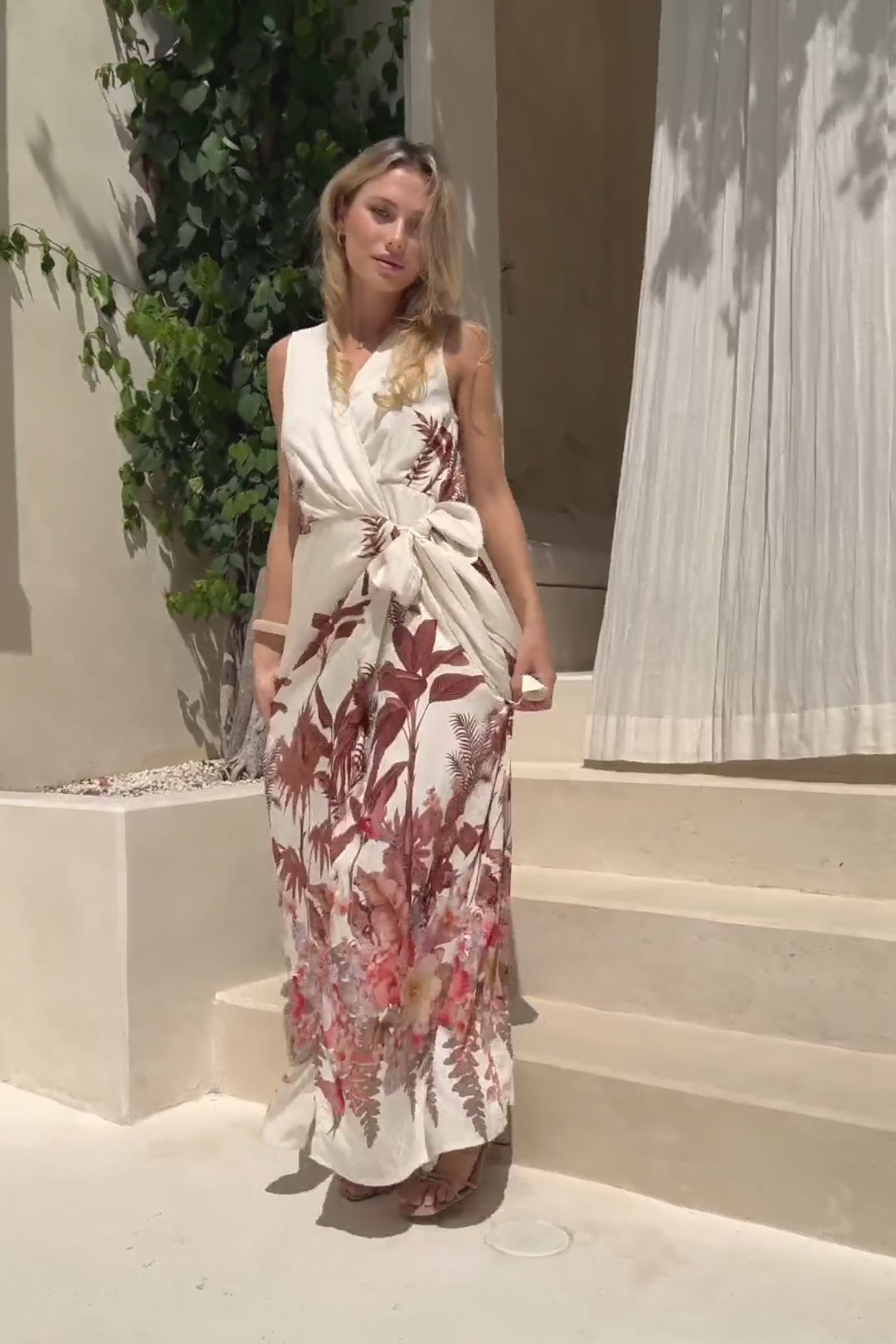 Kailah Brown Tropical Sleeveless Wrap Maxi Dress