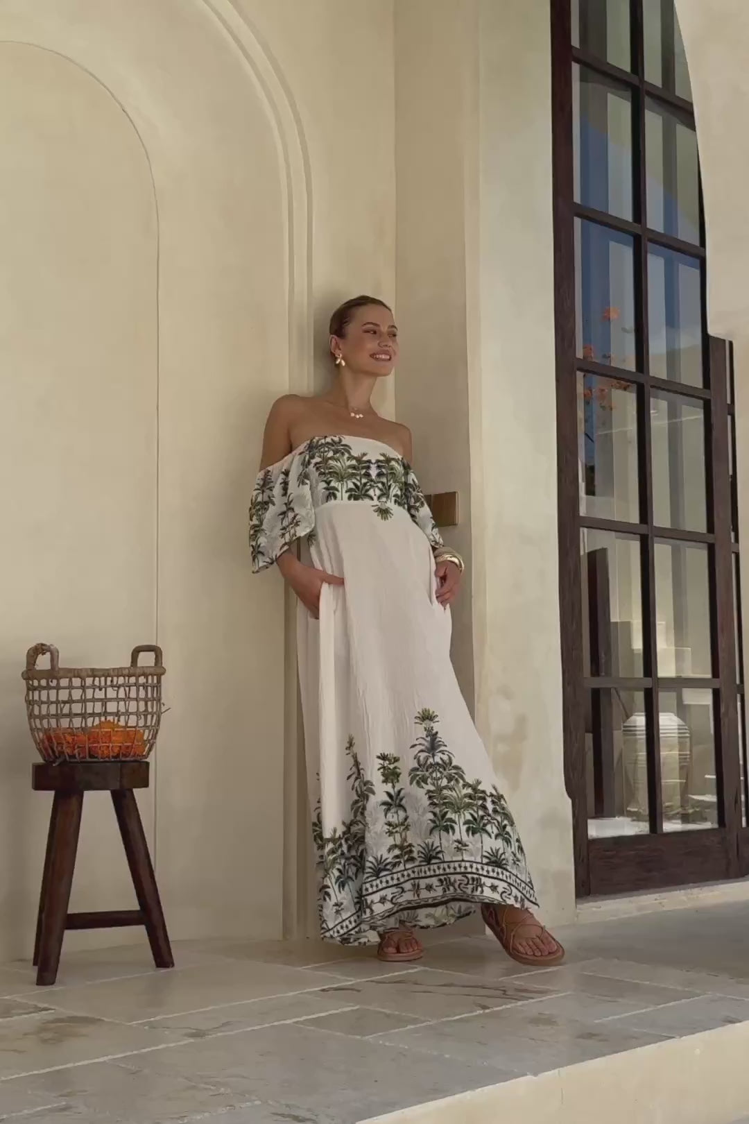 Sabina Green Tropical Flared Sleeve Maxi Dress