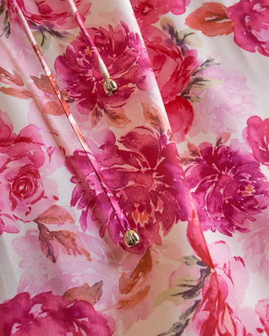 Gaun Mini Buka Punggung Motif Bunga Merah Muda Lacey