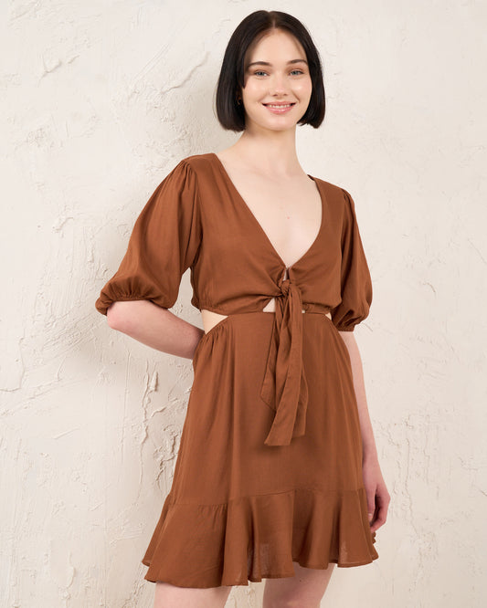 Mini Dress Maliyah Coklat Dasi Depan