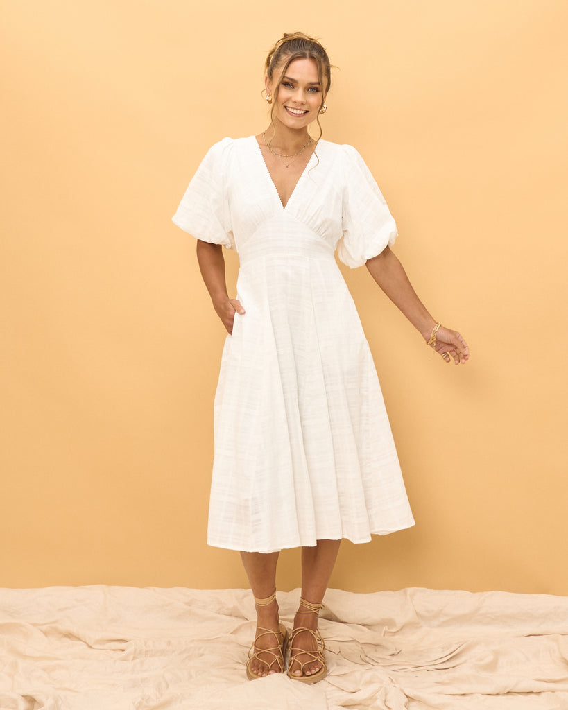 Delwynn Puff Sleeve Layered Midi Dress White