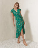 Ilani Green Floral Wrap Midi Dress