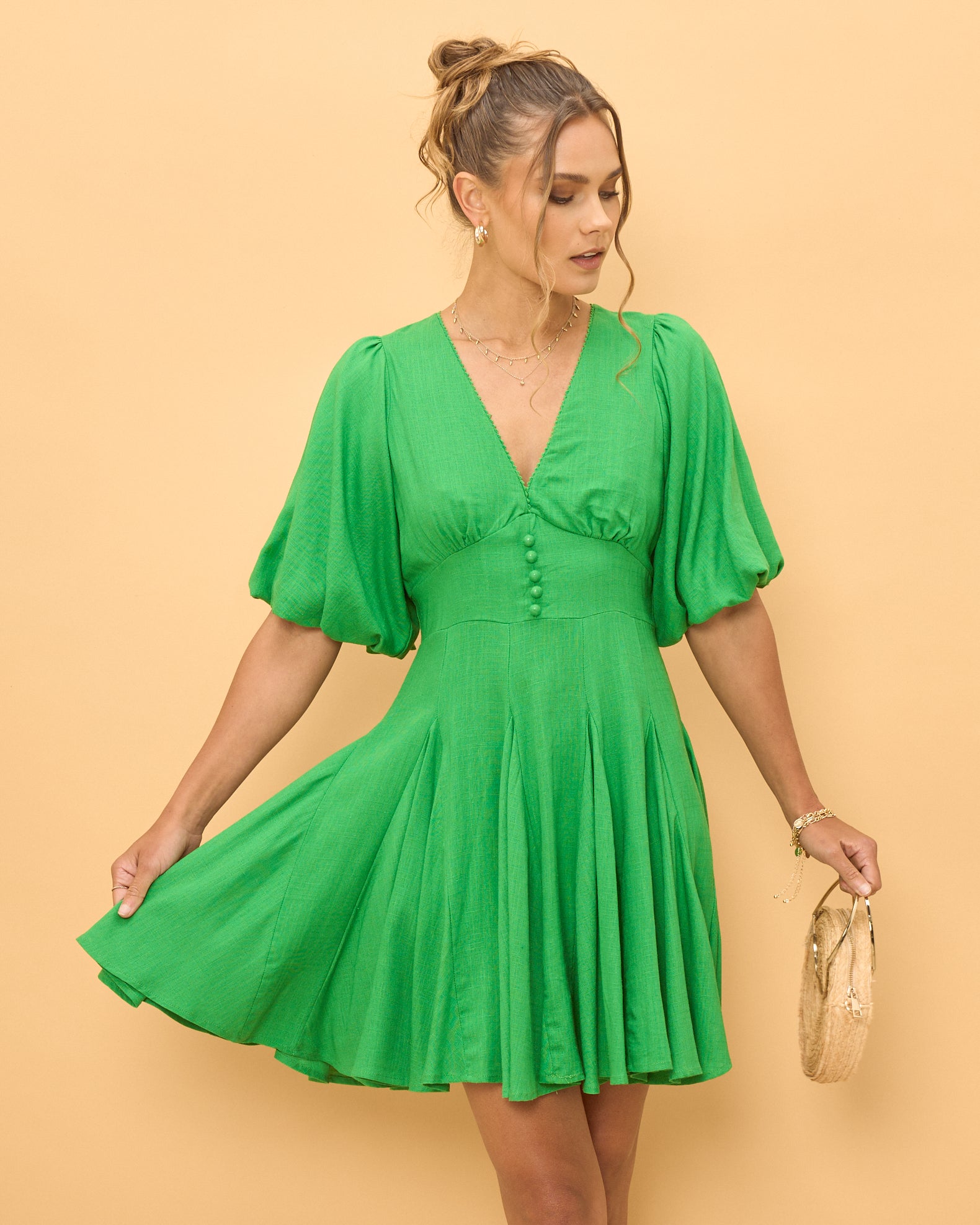 Wren Green Mini Linen Blend Godet Dress