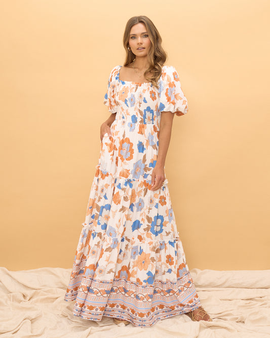 Sophia 橙蓝色花卉分层超长连衣裙