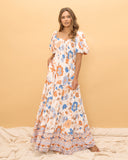 Sophia Orange Blue Floral Tiered Maxi Dress